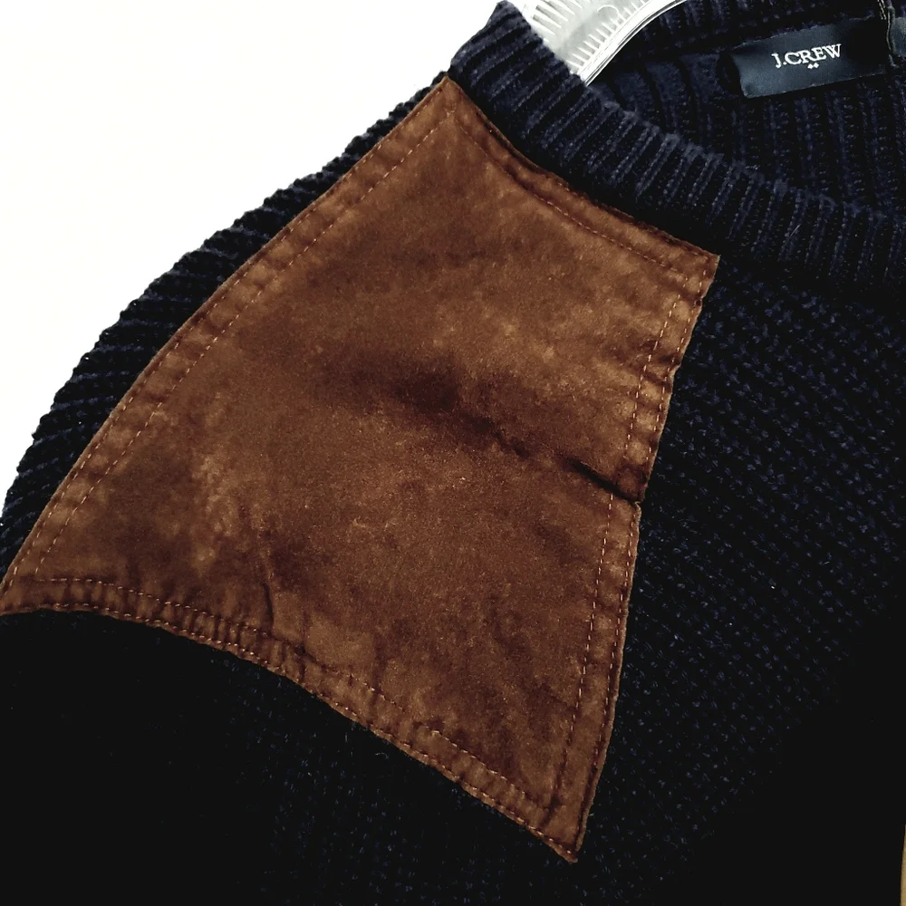 J.CREW Navy Longsleeve Ribbed Knit Sweater Faux Suede Patch Shoulders